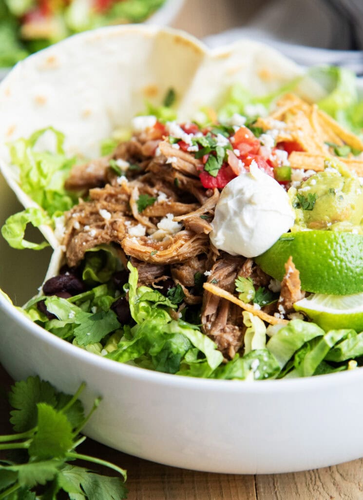 A close up of a pile of pork on a salad.