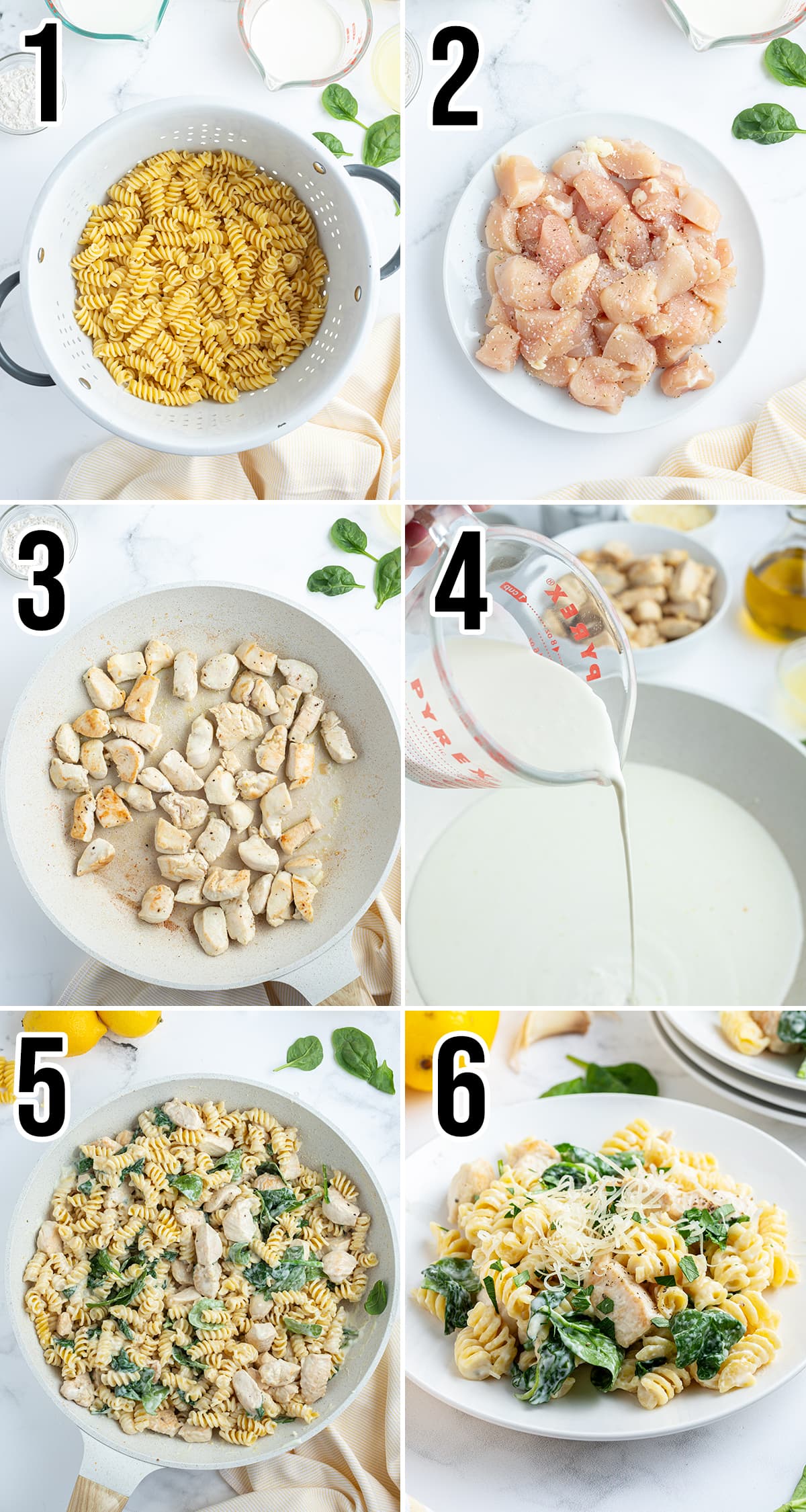 A collage of 6 photos showing how to make a creamy lemon pasta with chicken.
