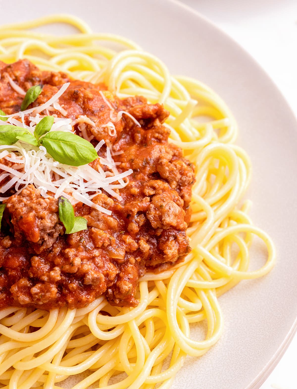 A close up of a plate of spaghetti sauce on a pile of spaghetti noodles topped with fresh basil.