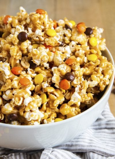 Peanut butter covered popcorn, stuffed full of reeses pieces candies, and salted peanuts.