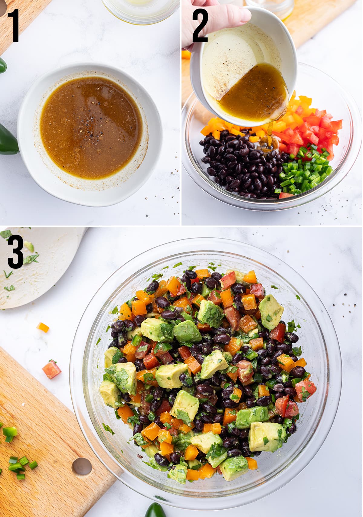 A collage of three photos showing how to make avocado black bean salad.