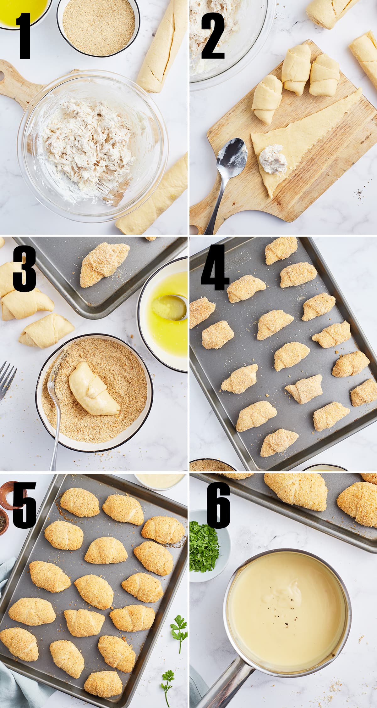 A collage of step by step images showing how to make chicken crescent roll ups.