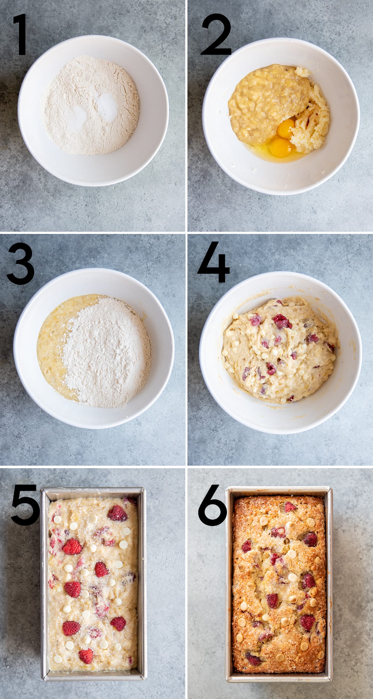 A collage of six photos of how to make raspberry white chocolate banana bread.