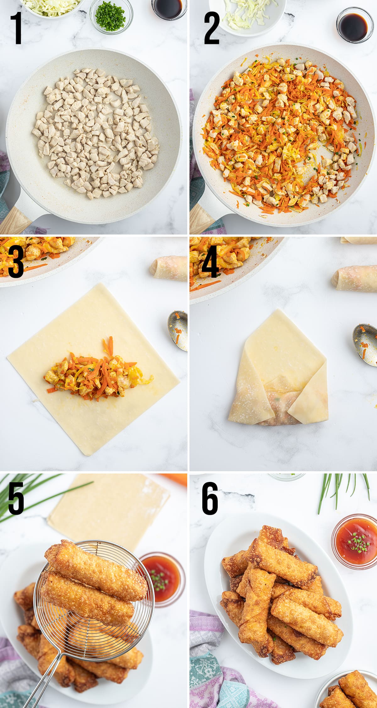 A collage of 6 images showing how to make chicken egg rolls in steps.