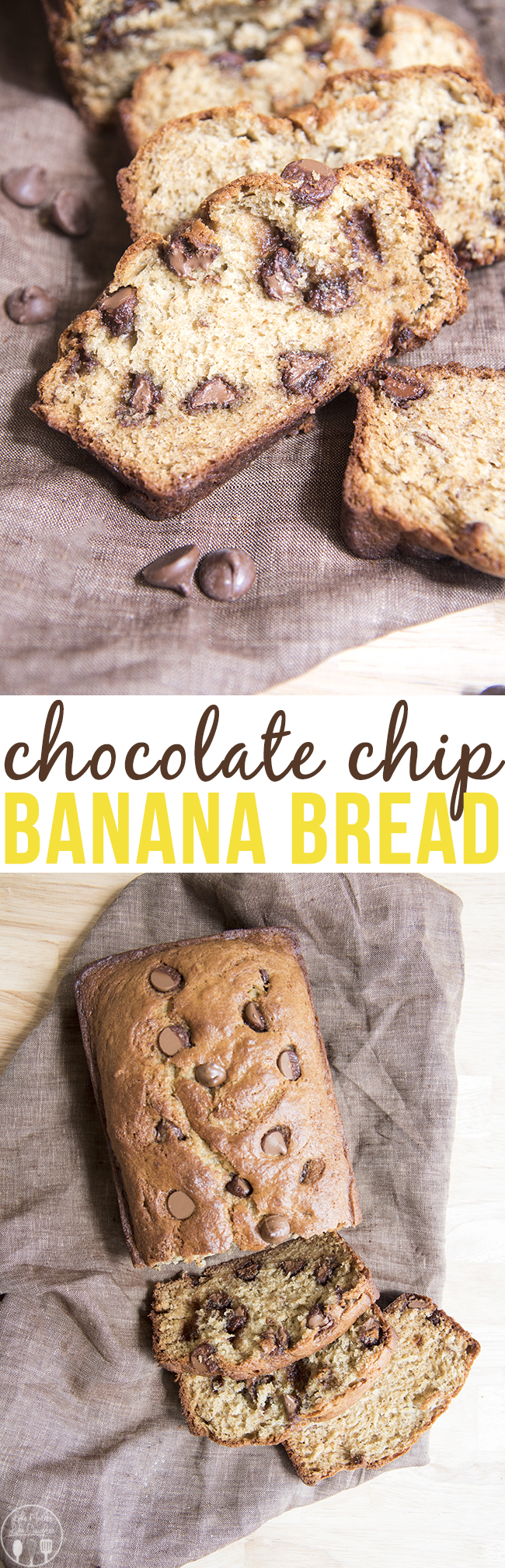 A collage of two photos of chocolate chip banana bread with a text block in the middle.