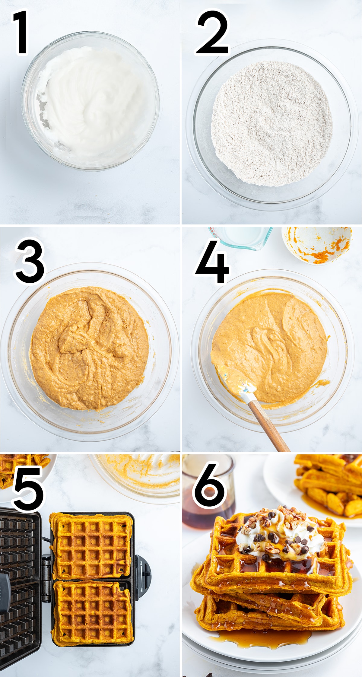 A collage of 6 photos showing how to make pumpkin waffles.