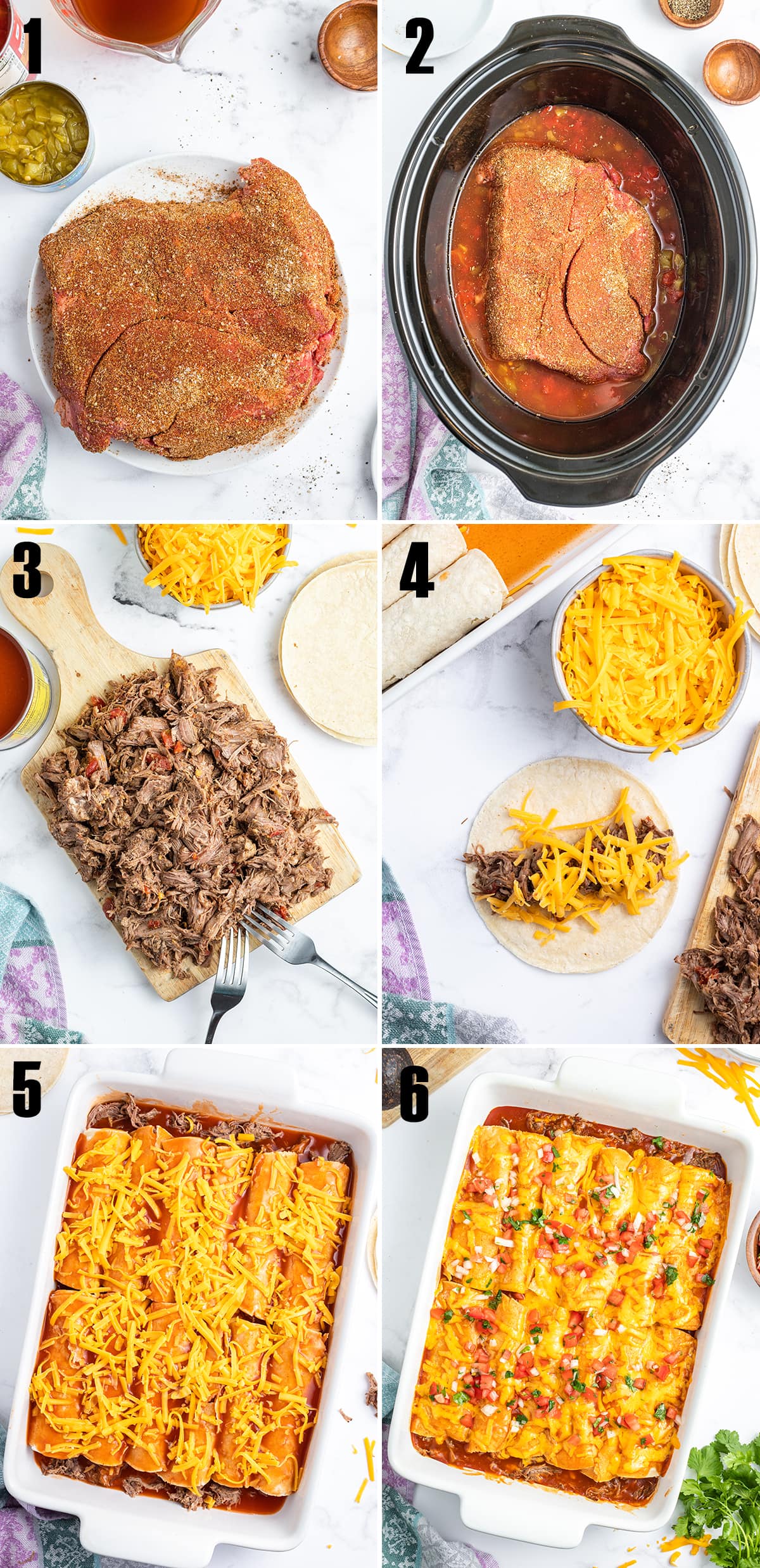 A collage of 6 photos showing how to make shredded beef enchiladas. 