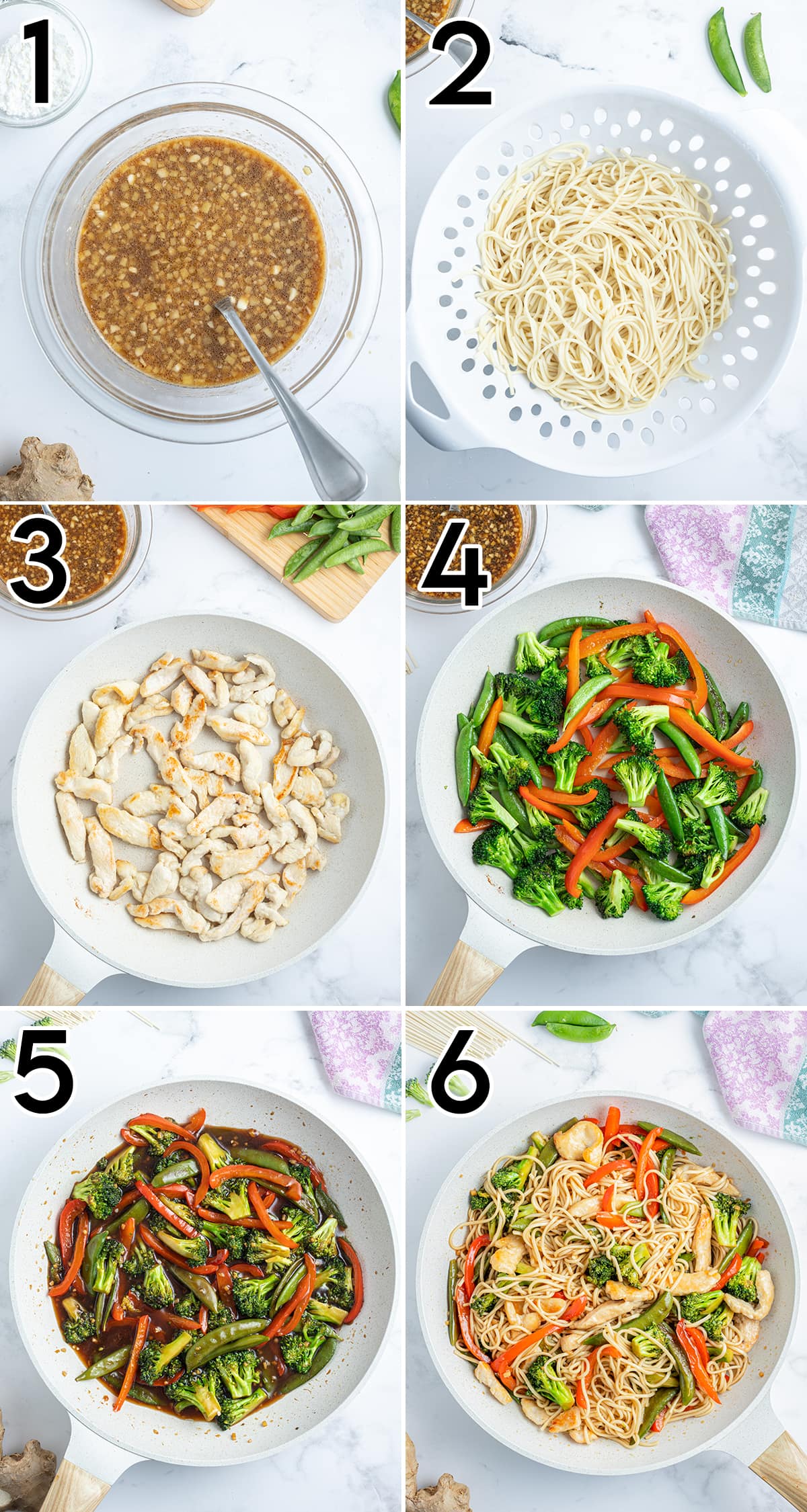 A collage of 6 ingredients needed to make chicken lo mein.