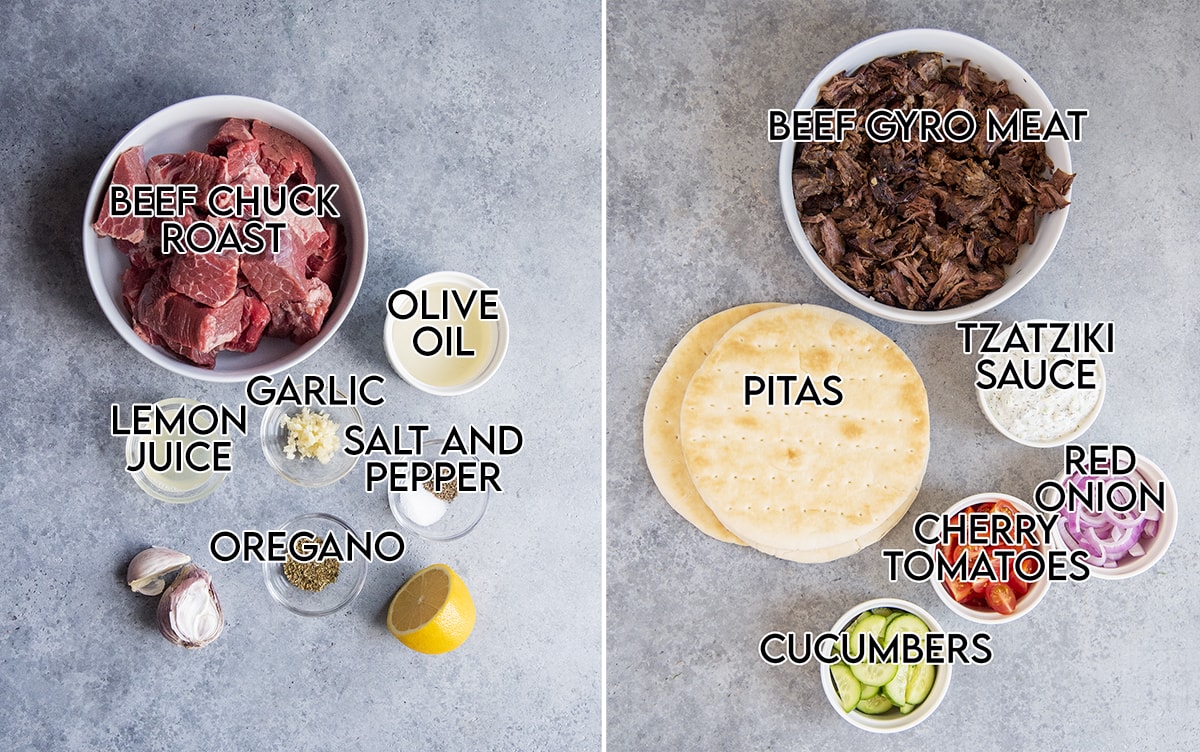 A collage of two photos showing the ingredients needed to make slow cooker beef gyros. 