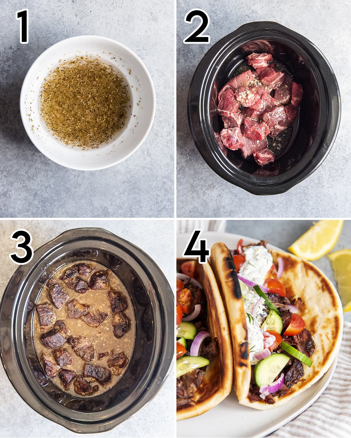A collage of 4 photos showing how to make beef gyros in the slow cooker.