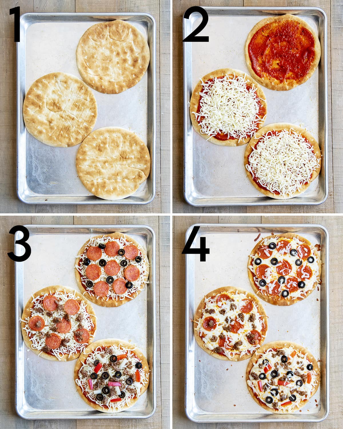 A collage of four photos showing how to make pita pizzas. 