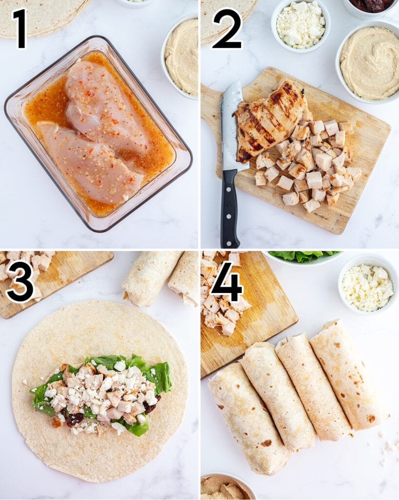 A collage of 4 photos showing the steps of how to make Mediterranean chicken wraps.