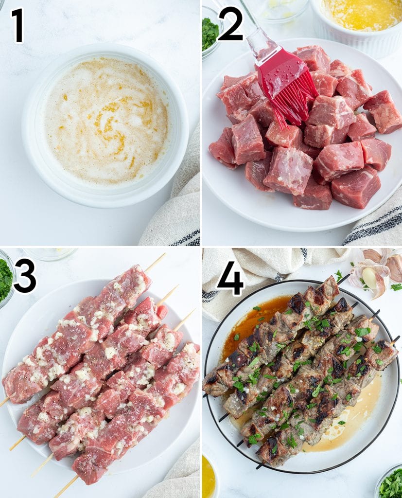 A collage of 4 ingredients showing how to make garlic steak kabobs.
