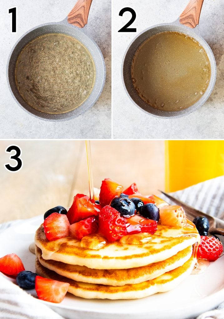 A collage of three photos showing how to make homemade maple flavored syrup.