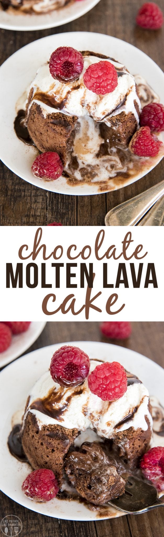 A collage of two photos of chocolate molten lava cake with a text block in the middle. 