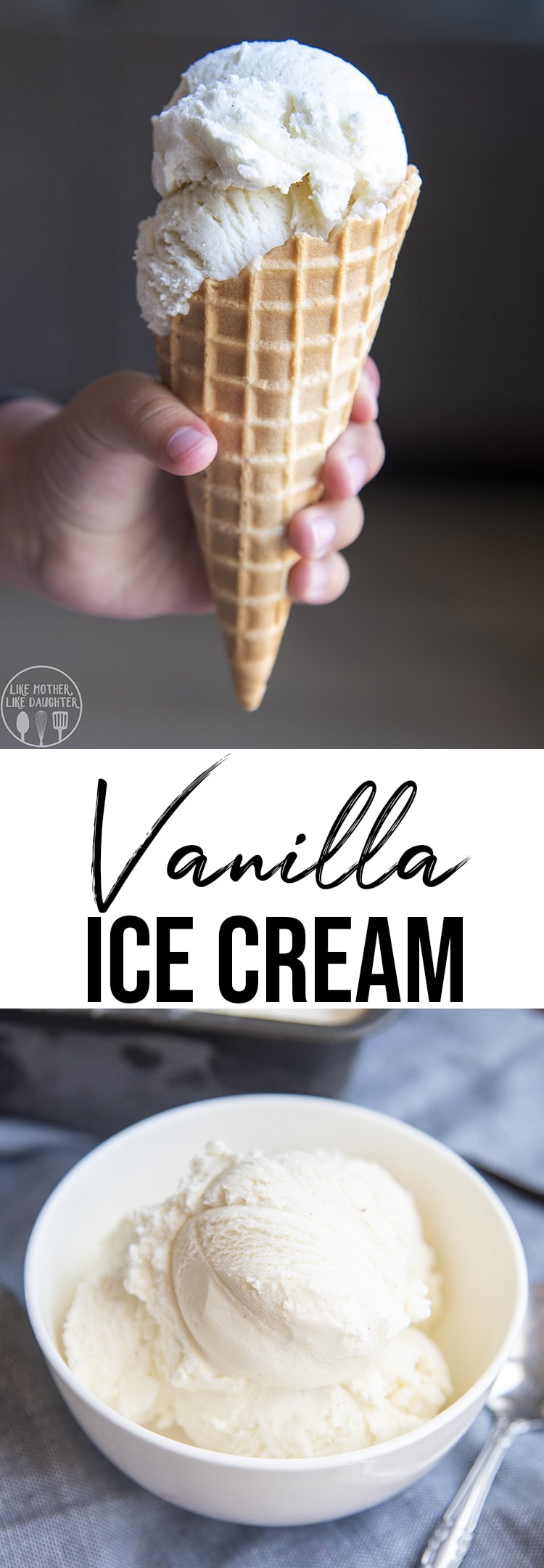A collage of two photos of vanilla ice cream with a text block in the middle. 