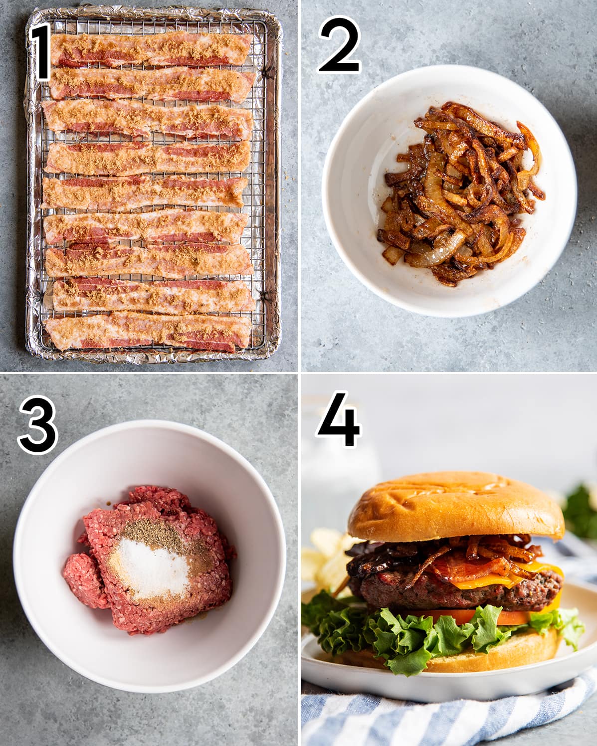 A collage of 4 photos showing how to make Brown Sugar Bacon Burgers