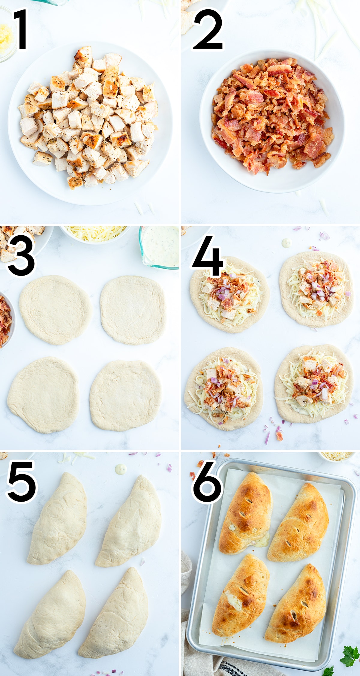 A collage of 6 photos showing how to make chicken bacon ranch calzones.
