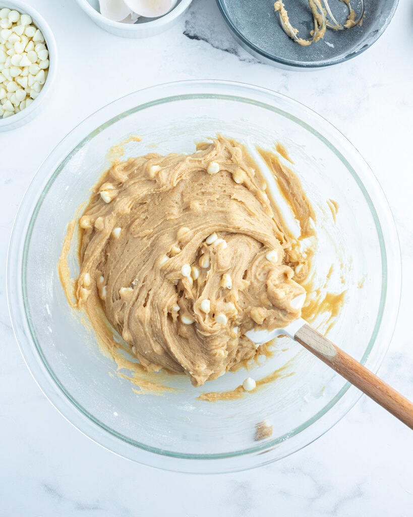 White chocolate cookie dough in a bowl.
