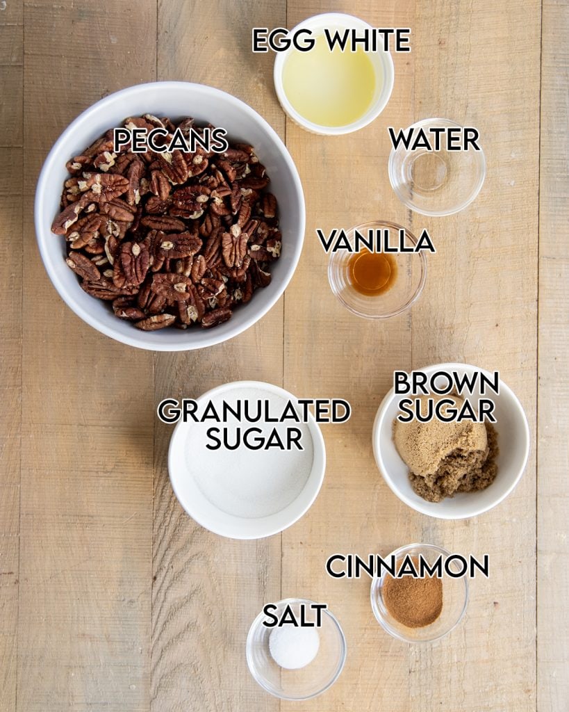 An overhead photo of the ingredients needed to make cinnamon glazed pecans.