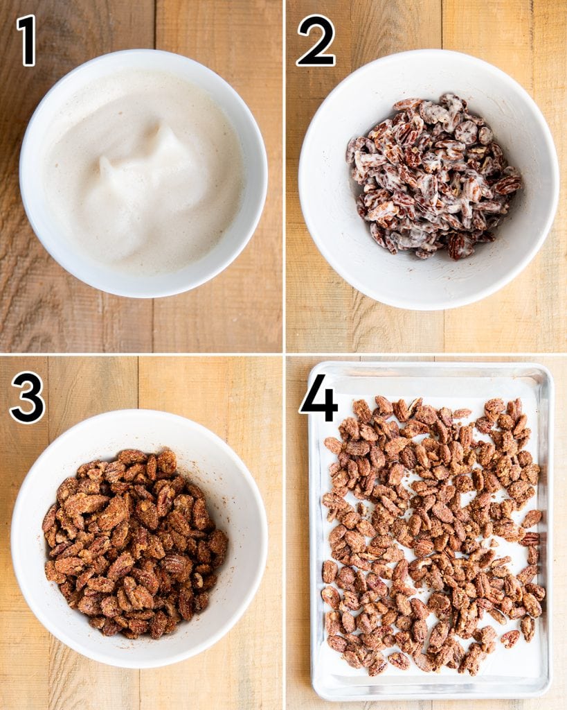 A collage of 4 photos showing the steps for how to make candied pecans.