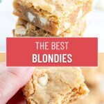 A collage of two photos of brown sugar blondies with a text block between them for pinterest.
