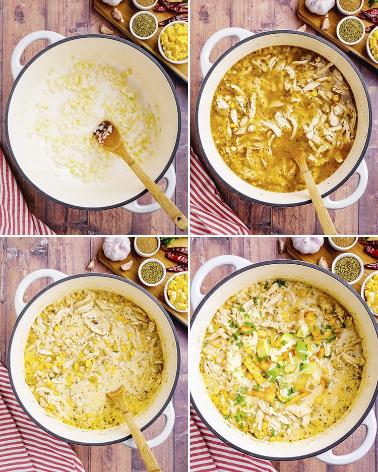 Four photos of white chicken chili being made in a pot showing multiple cookies steps.