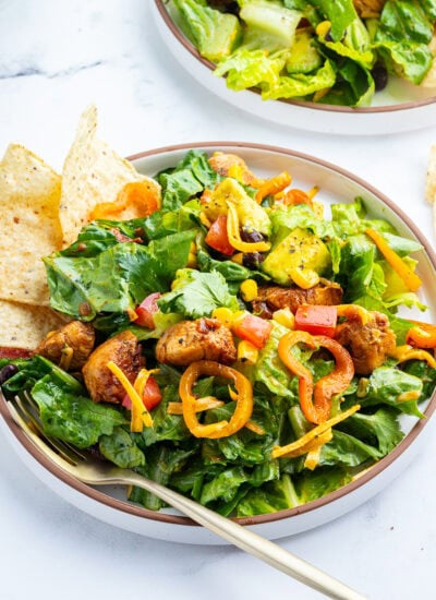 A bowl of chicken taco salad with some tortilla chips on the side.