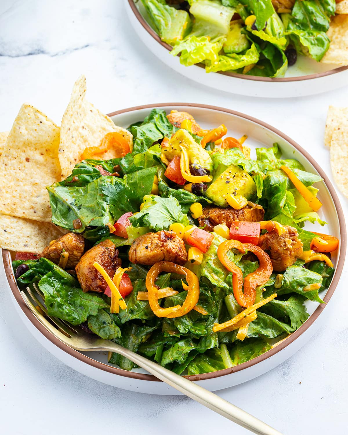 A bowl of chicken taco salad with some tortilla chips on the side.