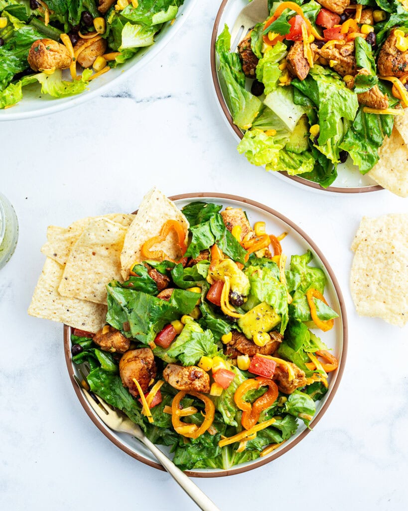 An overhead photo of a bowl of chicken taco salad.