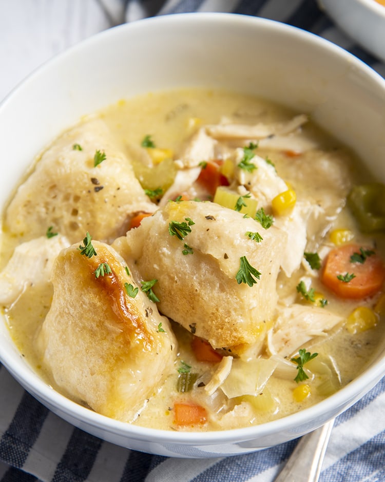 A bowl of chicken and dumplings with vegetables and sprinkled with parsley.