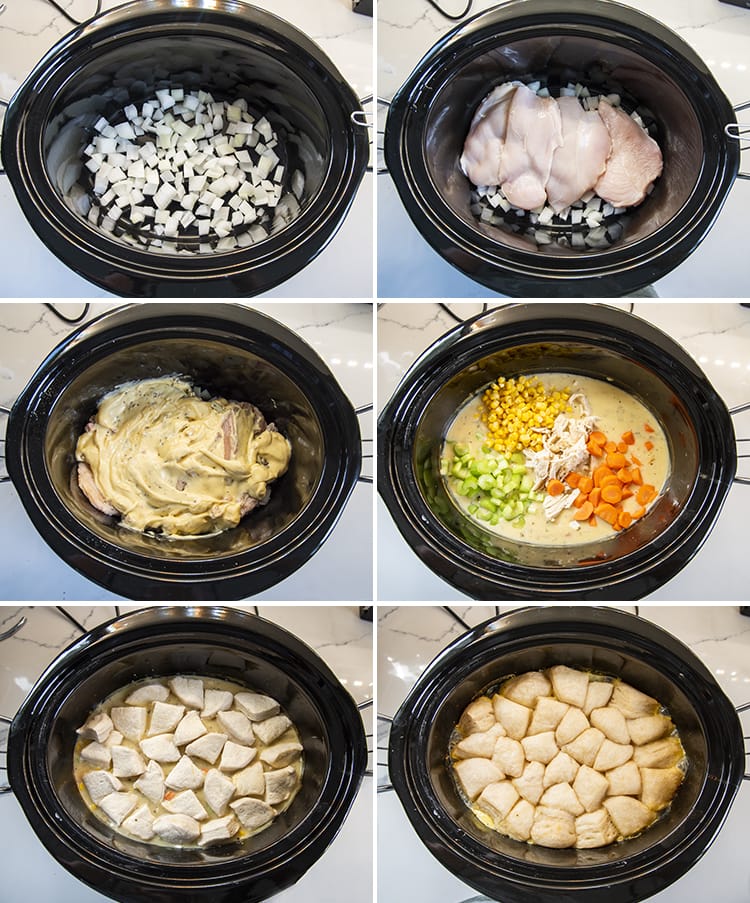 Six step by step photos of how to make chicken and dumplings in a slow cooker.