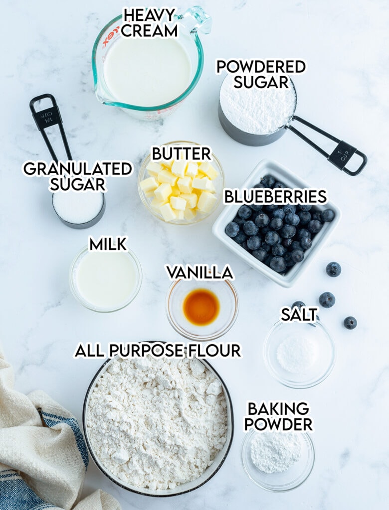 An overhead view of the ingredients needed to make blueberry scones.