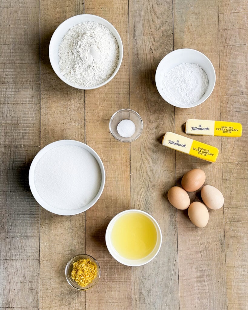 The ingredients needed to make lemon bars. 