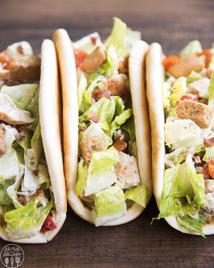 Chicken caesar salad pita wraps.