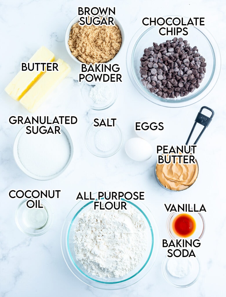 An overhead photo of the ingredients needed to make chocolate dipped peanut butter cookies.