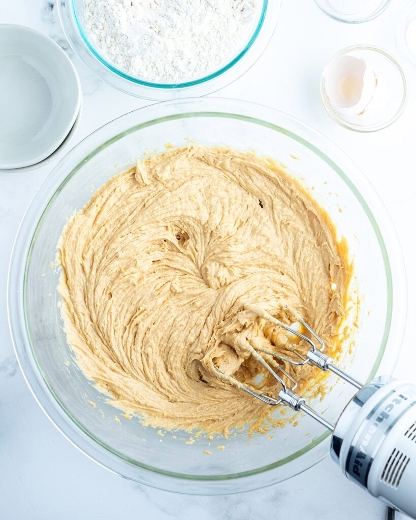 A bowl of peanut butter cookie batter.