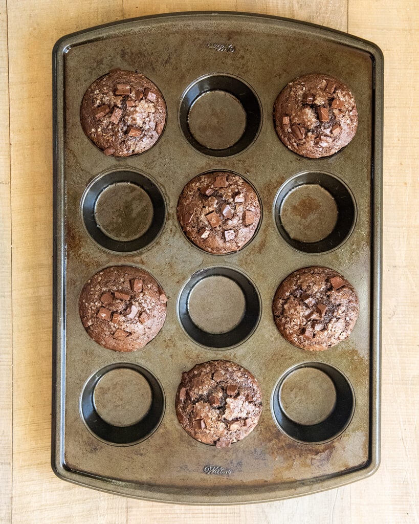 A muffin pan with 6 chocolate muffins in it.