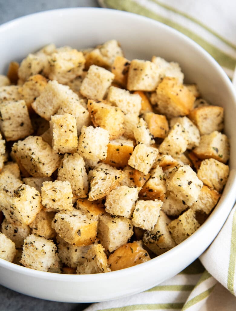Croutons in a white bowl.