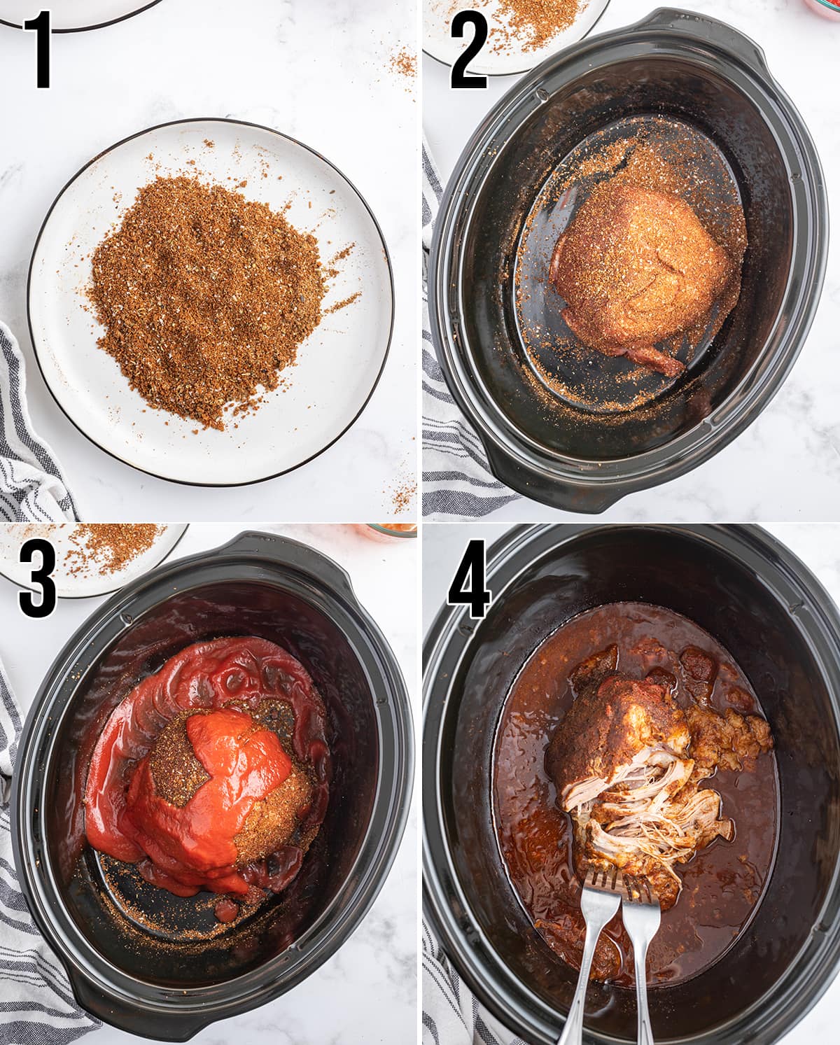 A collage of 4 photos showing the steps of how to make Mexican Pulled Pork in the slow cooker.