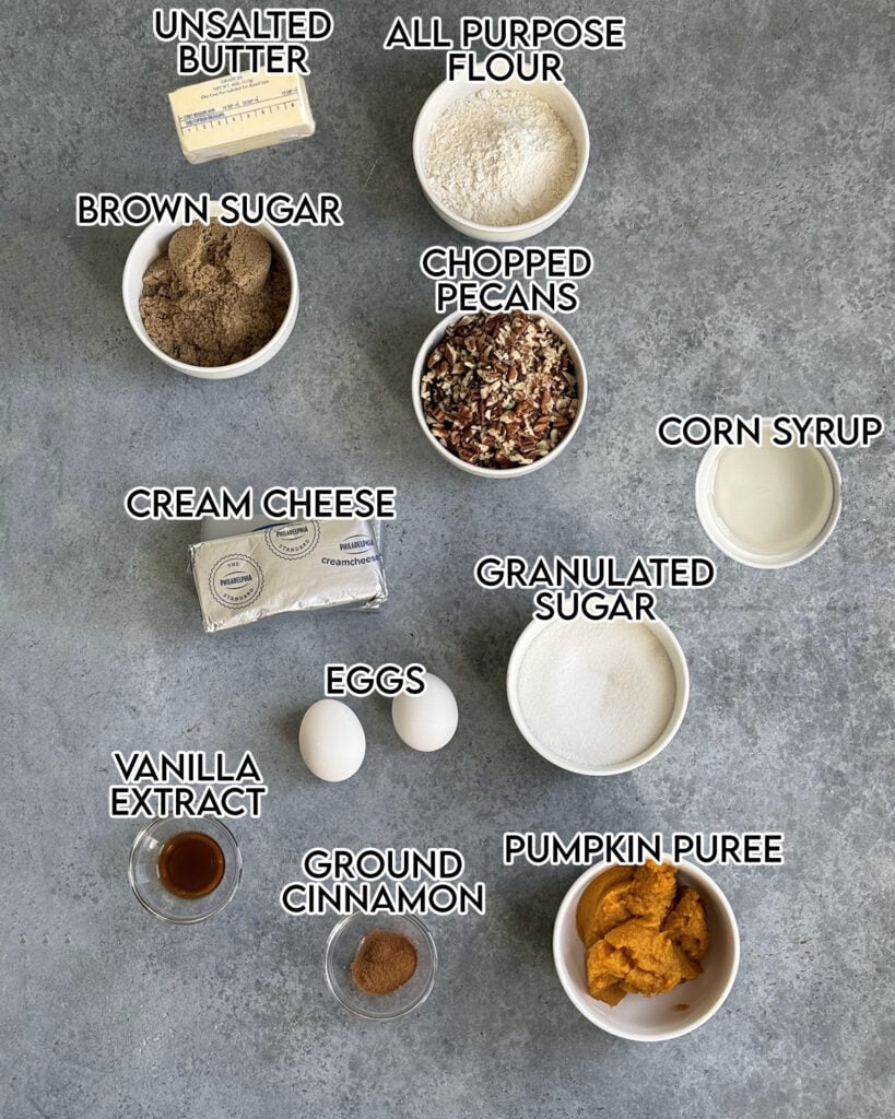 The ingredients needed to make pecan pumpkin cheesecake bars.