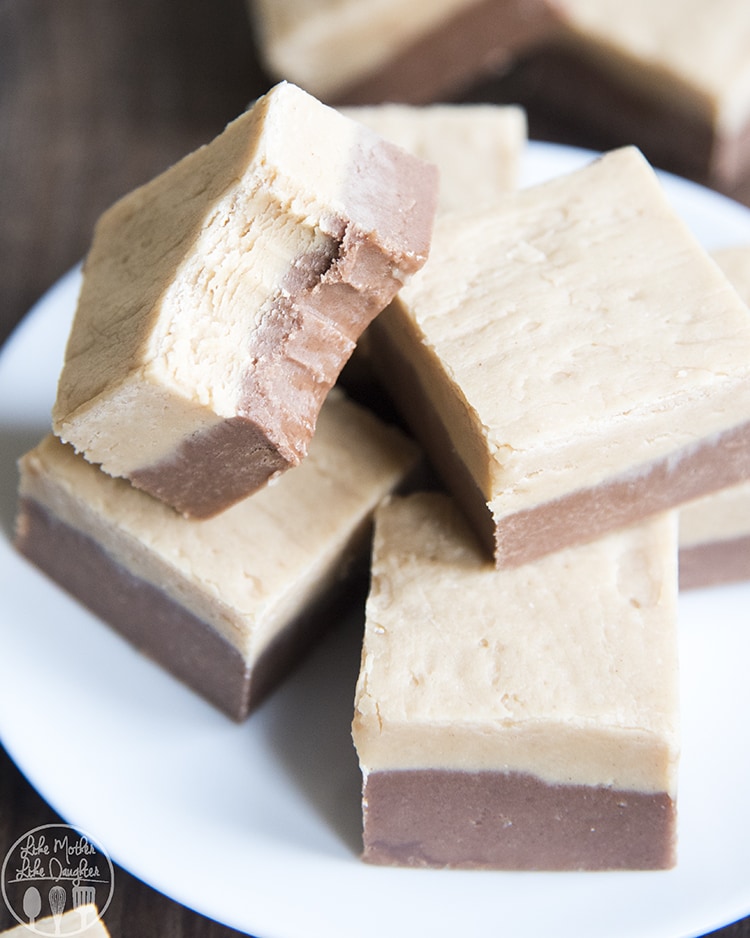 A pile of peanut butter and chocolate fudge on plate. 