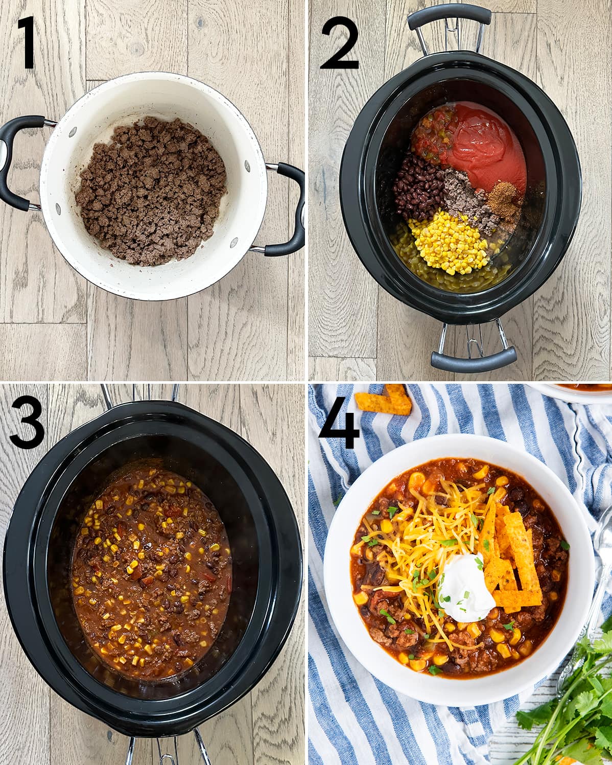 A collage of 4 photos showing how to make taco soup in steps. 
