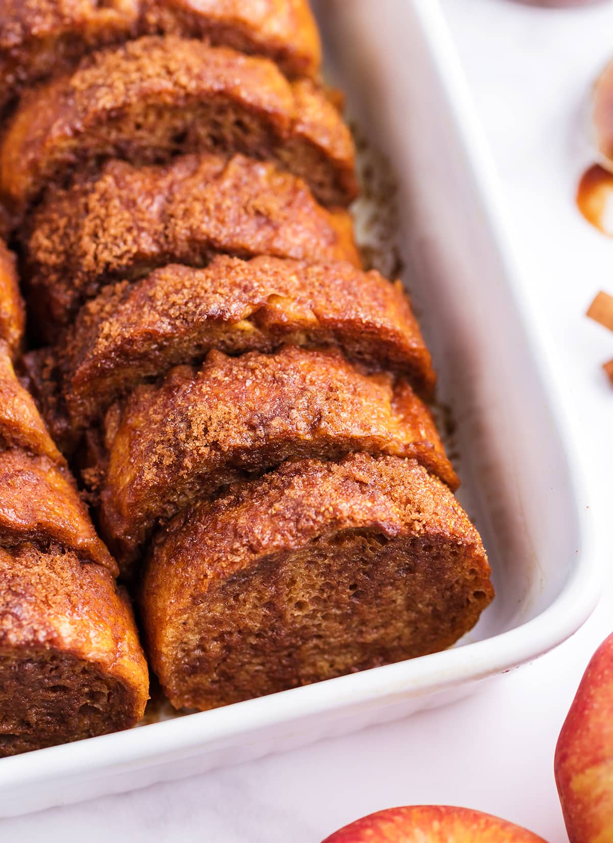 A close up of apple butter french toast in a pan.