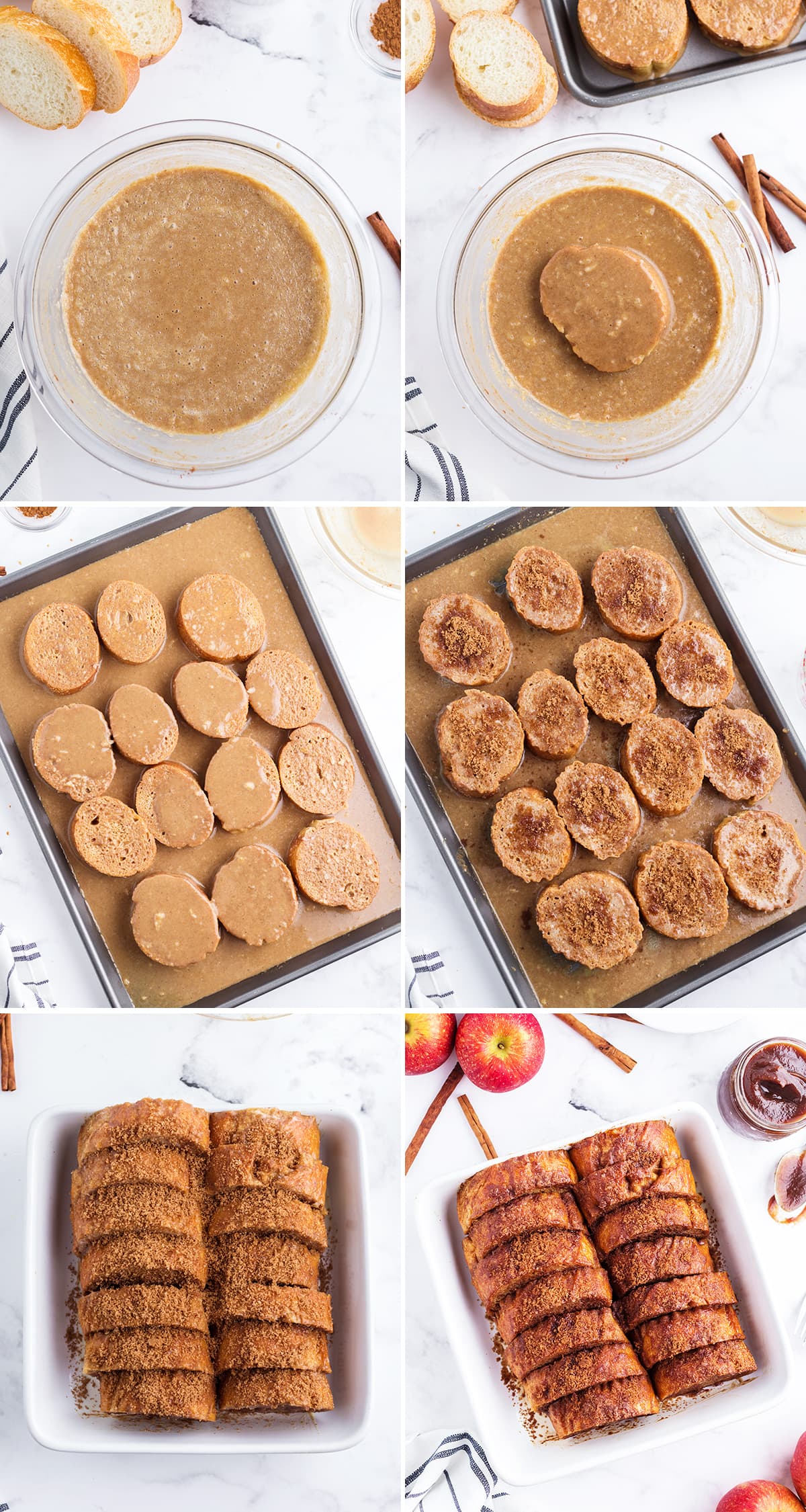Six step by step photos showing how to make Apple Butter French Toast.