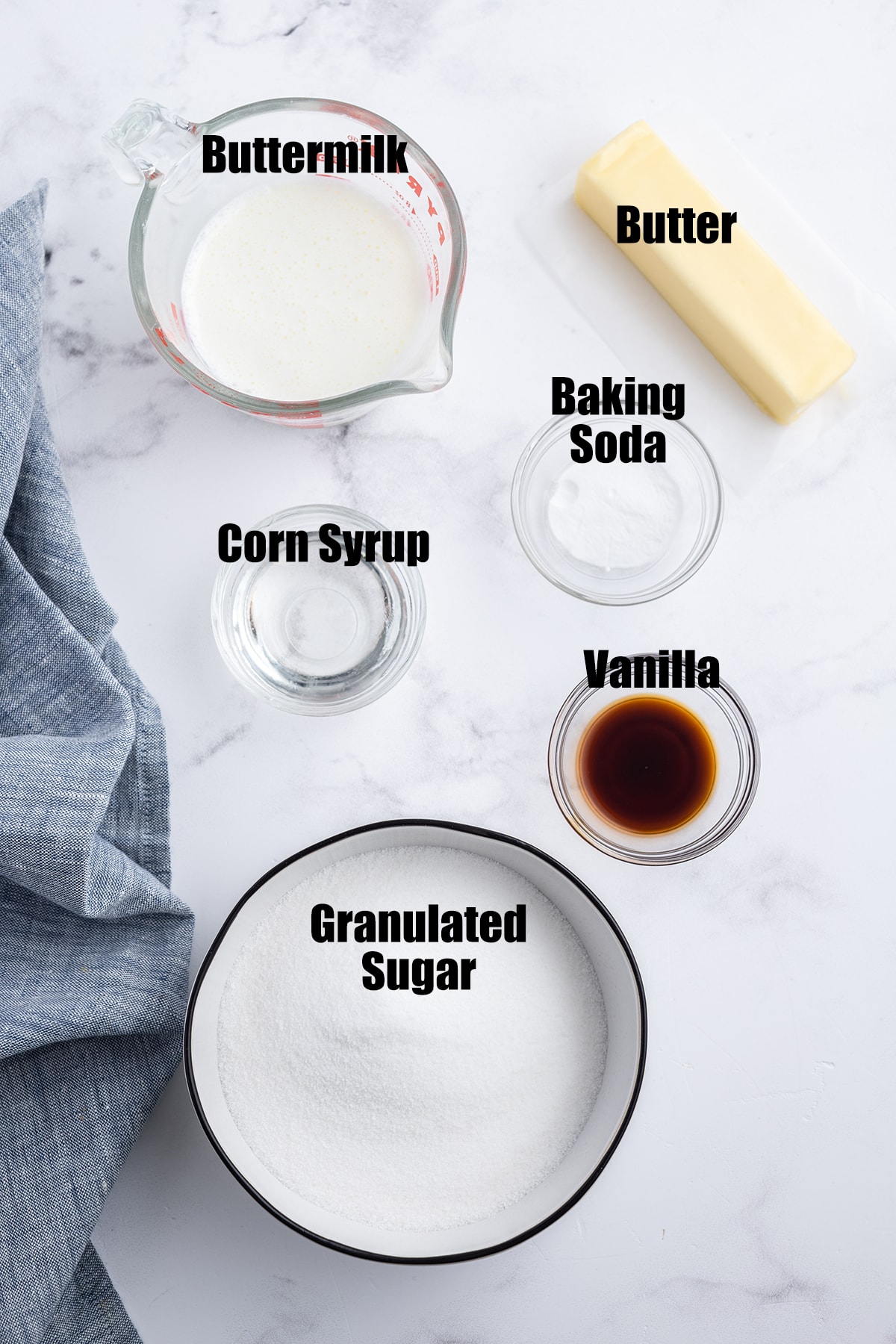 An overhead photo of the ingredients needed to make homemade buttermilk syrup. 