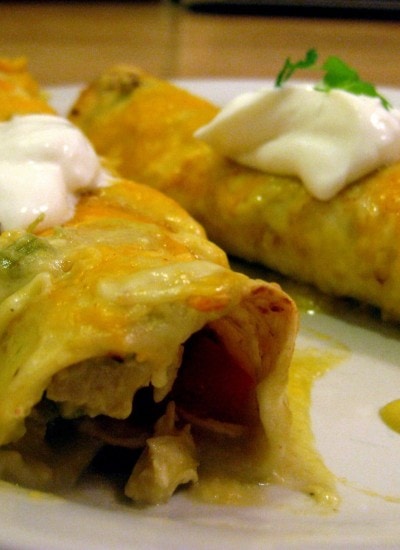 Angled view of enchiladas verdes on a white plate.