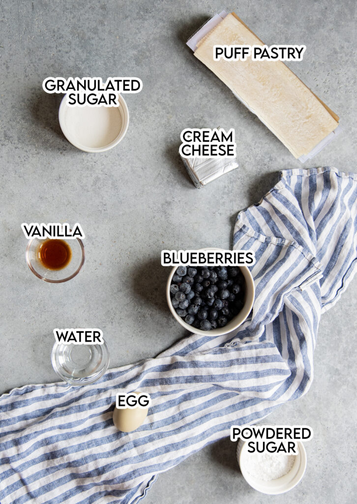 An overhead photo of the ingredients needed to make Blueberry Danishes.
