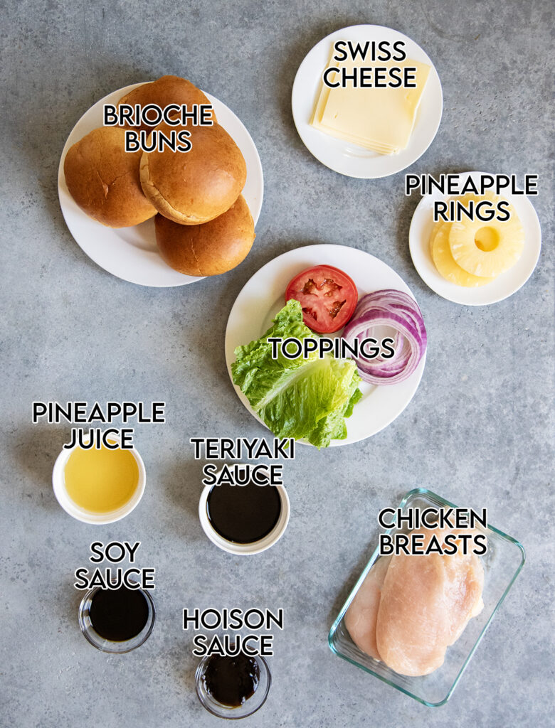 An overhead photo of the ingredients needed to make Teriyaki Chicken Sandwiches.