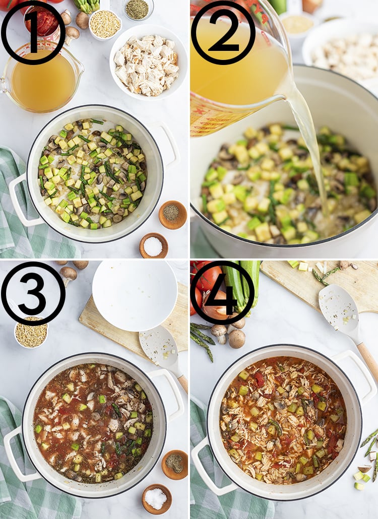 A collage of 4 photos showing the step by step process to make Italian Turkey Orzo Soup.